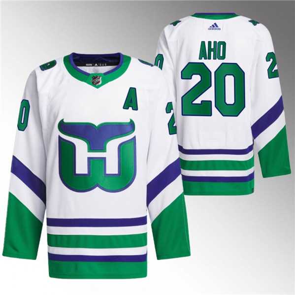 Mens Carolina Hurricanes #20 Sebastian Aho White 2023-24 Stitched Jersey Dzhi